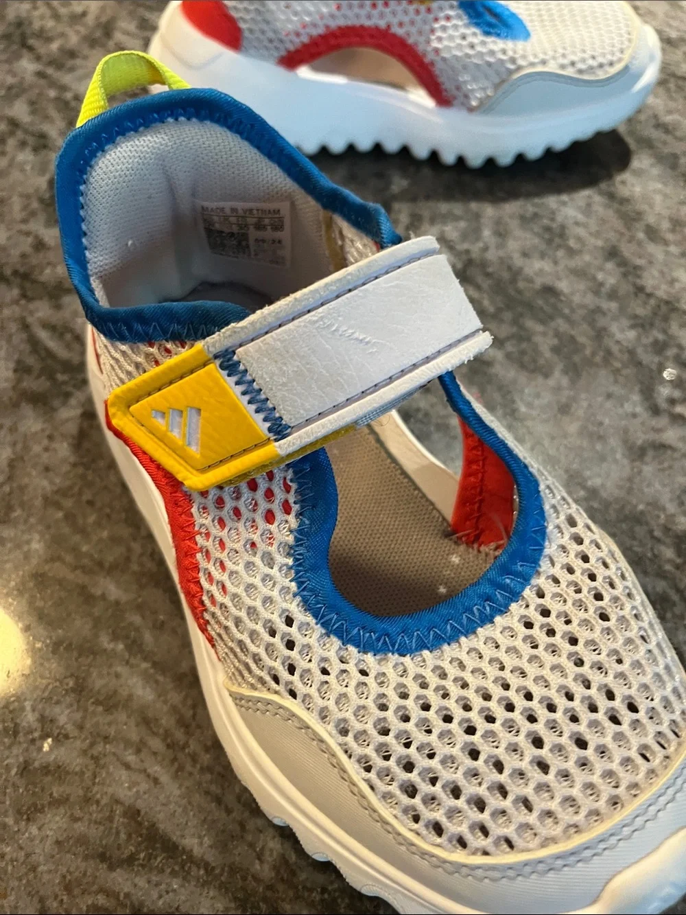adidas Kids White Mesh Water Shoes with Blue, Yellow & Red Accents